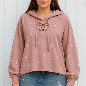 Graffiti Star Print Hoodie LARGE Oversized Lace-Up Pullover Sweatshirt Girly